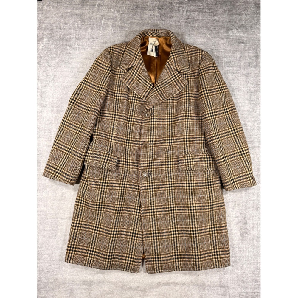 Crombie Highlands Plaid Overcoat Mens 42 Brown Wool Blend Check Long Jacket